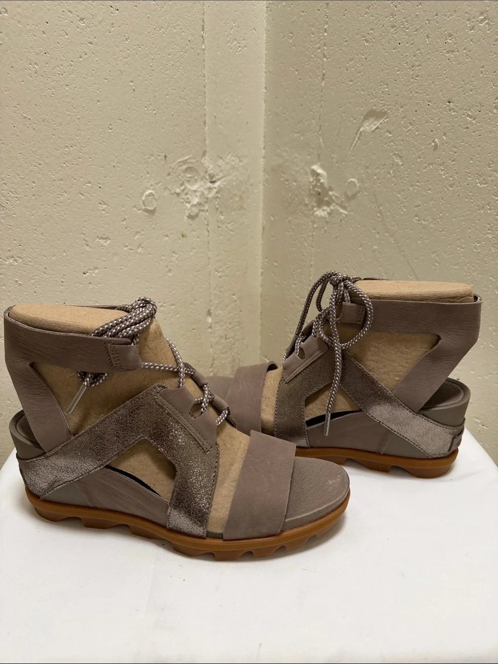 Women's Taupe Suede and Metallic Lace-Up Open-Toe Sandals